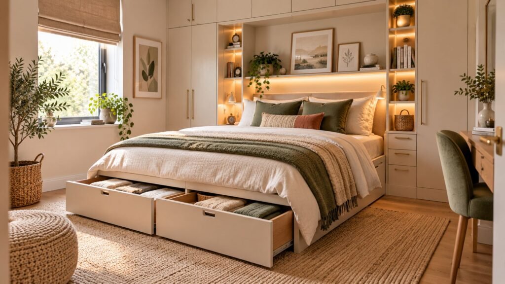 Small bedroom storage ideas with built-in wardrobes, under-bed drawers and uncluttered floor space