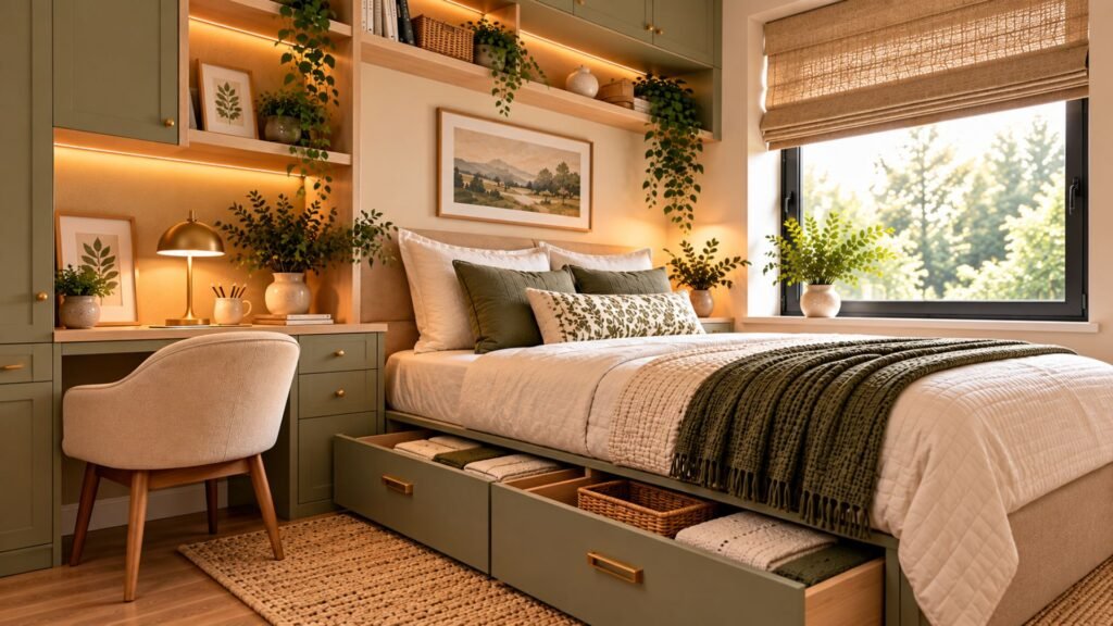 Small bedroom with one organized storage wall combining wardrobes, drawers, shelves and a compact desk