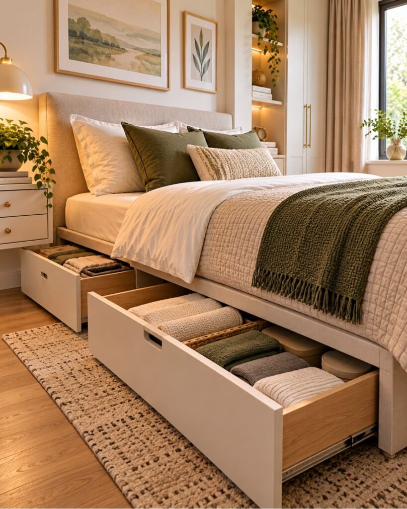 Small bedroom bed with built-in drawers providing hidden storage beneath the mattress