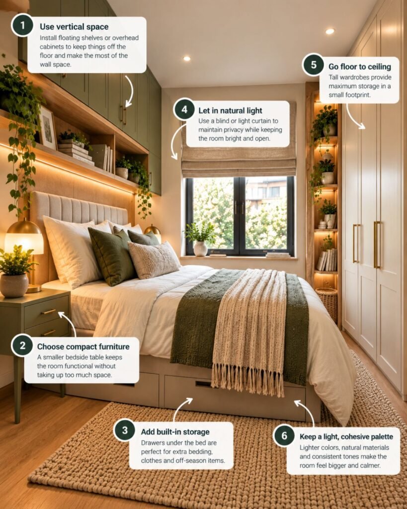 Small bedroom using tall closed storage and restrained wall shelving while keeping other walls visually quiet.