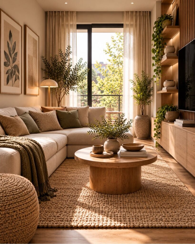 Small Japandi living room with compact neutral sofa, simple wood table, practical storage and clear circulation space