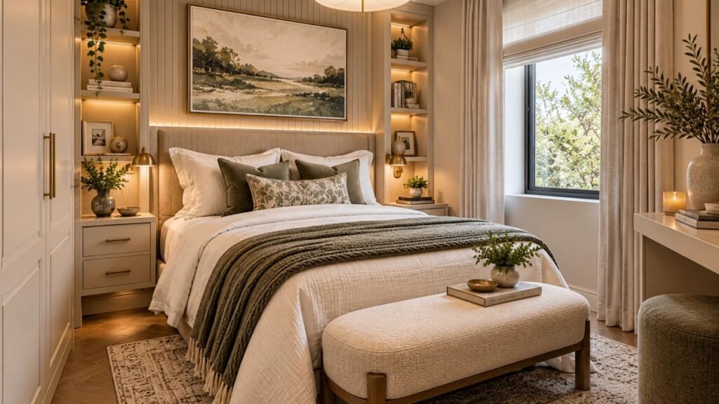 Small luxury bedroom with bespoke walnut storage, an integrated upholstered headboard and compact wall lighting