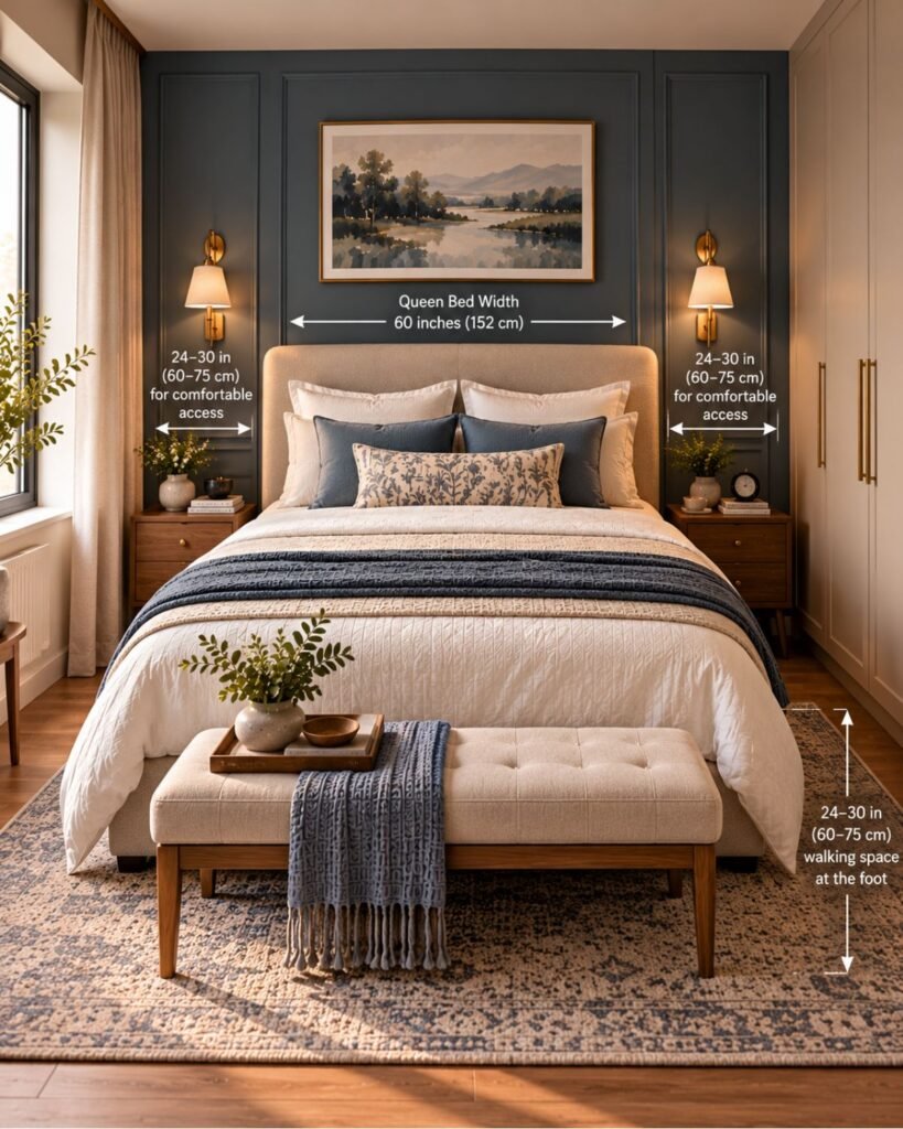 Small master bedroom with a slim upholstered bed frame, compact bedside tables and comfortable walking space