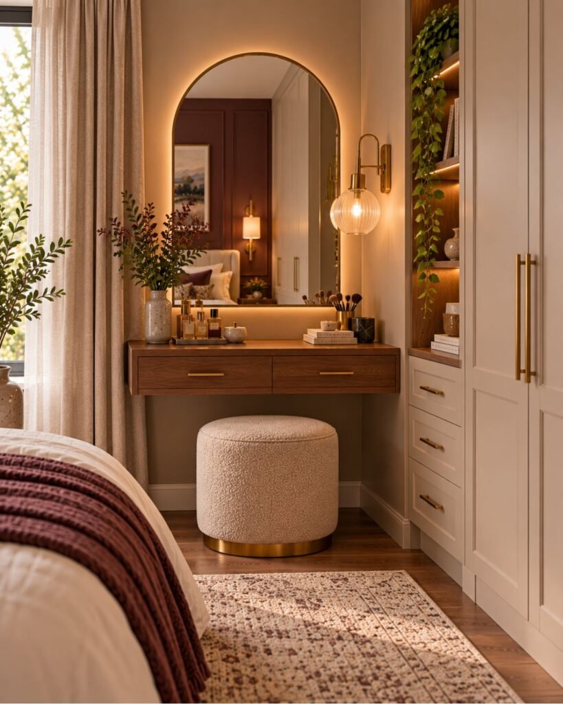 Space-saving dressing area in a small master bedroom with a narrow walnut vanity, bronze mirror and tucked-away stool