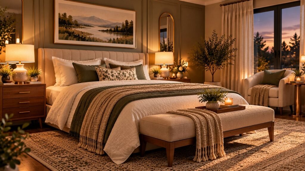 Cozy small master bedroom with warm bedside lighting, rich neutral colors and an inviting boutique-hotel atmosphere