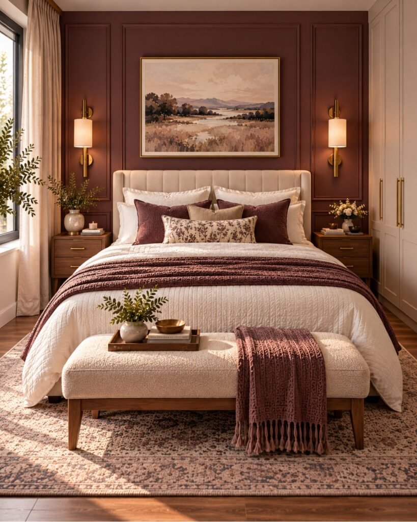 Elegant small master bedroom with a muted burgundy feature wall, decorative molding and a cream upholstered bed