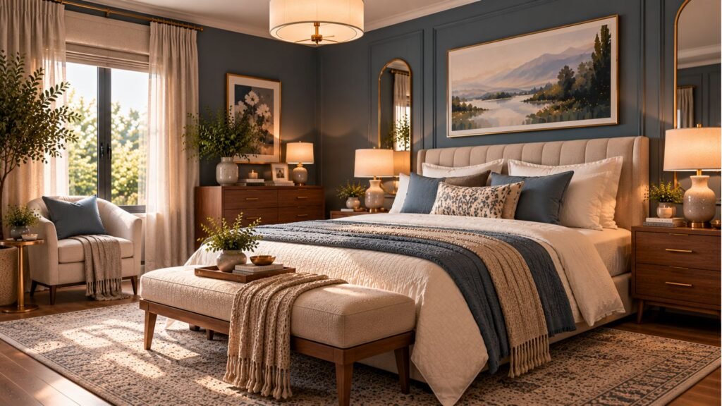 Beautifully designed small master bedroom with modern-classic furniture, layered neutral textiles and coordinated lighting