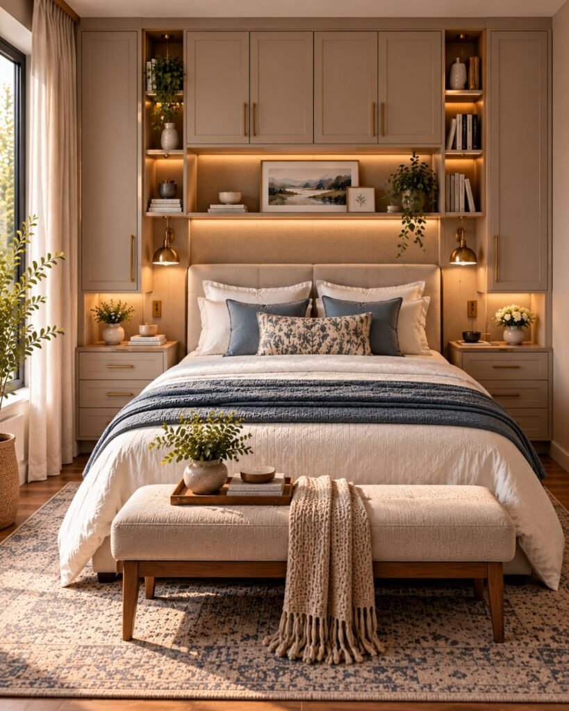 Space-saving small master bedroom with integrated headboard storage, built-in bedside cabinets and warm stone finishes