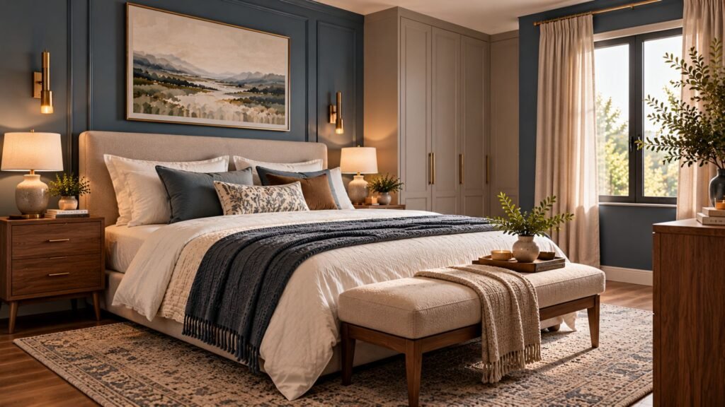 Small master bedroom ideas featuring dusty blue walls, walnut furniture, an ivory upholstered bed and elegant bronze accents