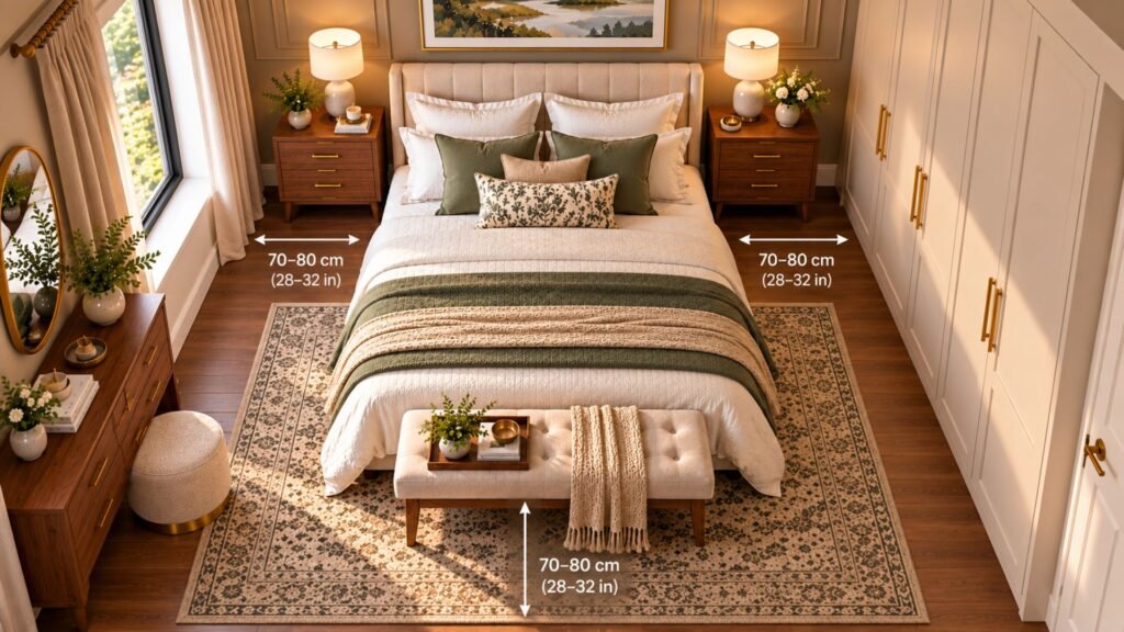 Practical small master bedroom layout with a centrally positioned bed, bedside access for two people and clear walking space
