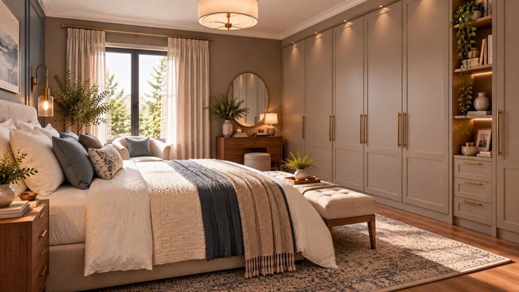 Small master bedroom featuring floor-to-ceiling mushroom-colored wardrobes with streamlined doors and concealed clothing storage