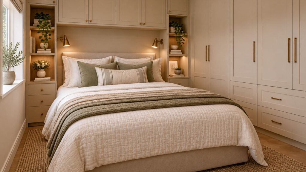 Small neutral bedroom with painted wardrobes, a compact bed, wall-mounted reading light and integrated bedside shelf.