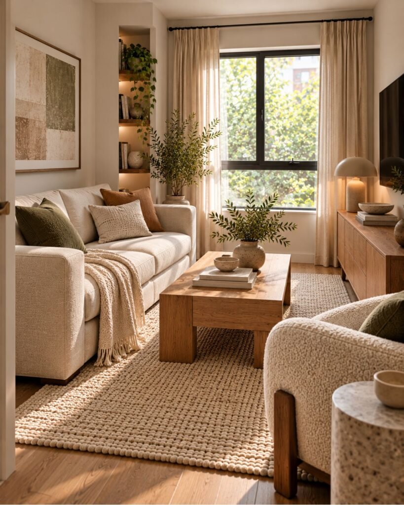 Small organic modern living room with a cream loveseat, oak table, wool rug, stone side table, and ceramic lamp