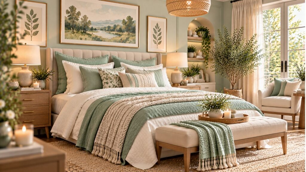 Refreshing bedroom with soft mint green walls, cream upholstered bed, mint bedding and natural wood accents.