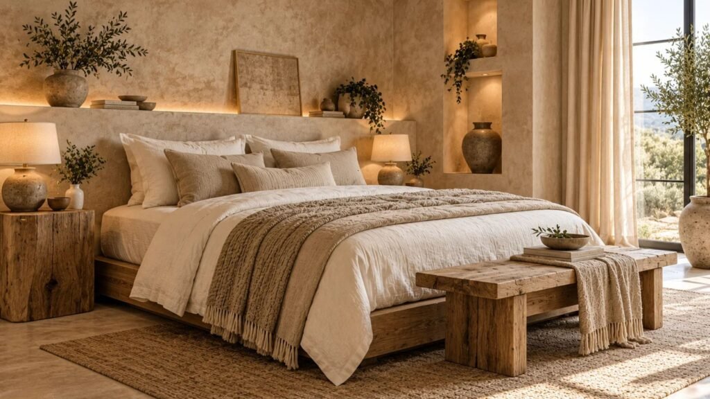 Stone and sand neutral bedroom with textured mineral plaster, a low timber bed and architectural built-in ledges.