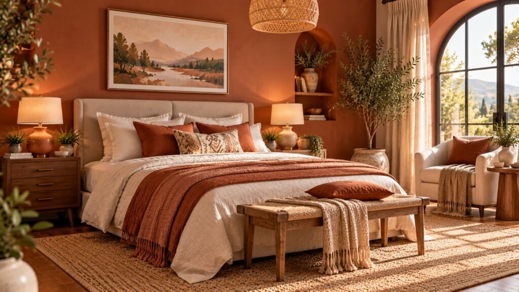 Earthy terracotta bedroom with sand-colored textiles, walnut furniture and natural ceramic accessories.