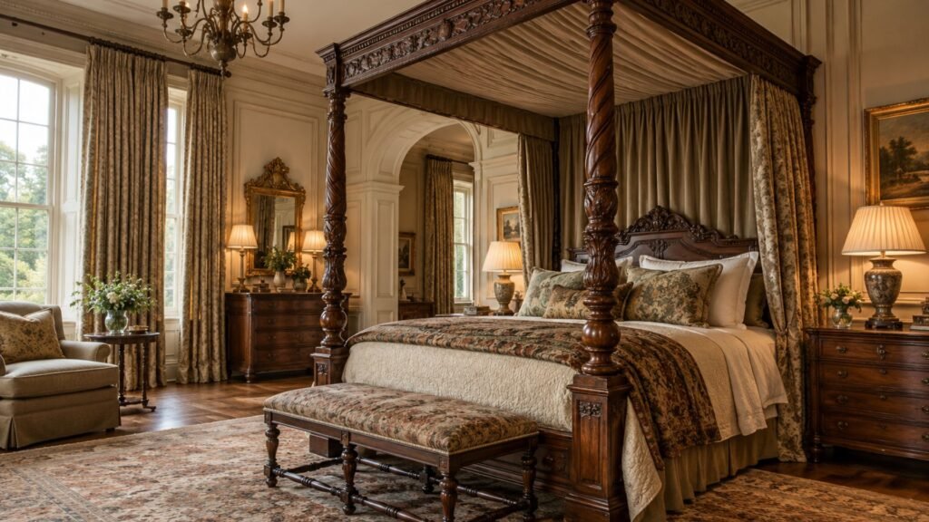 Traditional luxury bedroom with a carved four-poster bed, antique furniture and richly patterned textiles