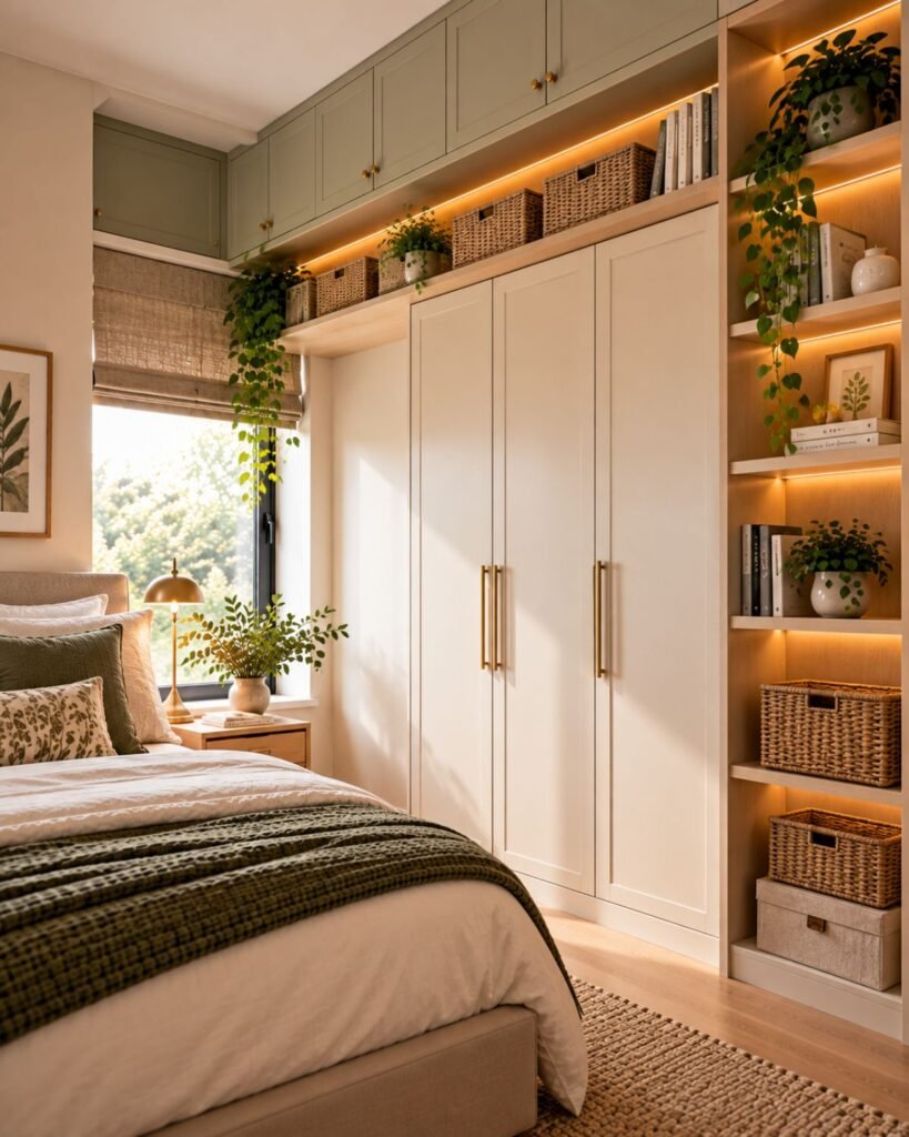 Small bedroom using high shelves and upper cabinets for seasonal storage while keeping everyday items accessible
