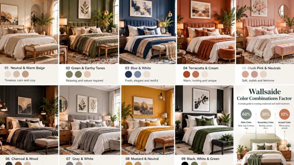 Wallsaide bedroom color combinations guide showing nine coordinated palettes and the 60-30-10 decorating guideline.