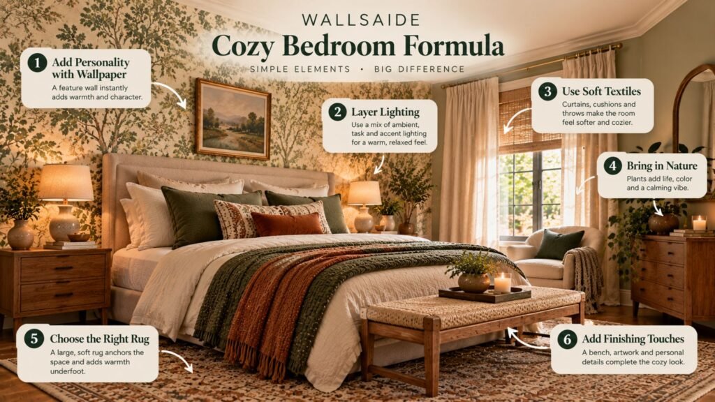 Wallsaide cozy bedroom formula showing soft bedding, warm lighting, natural textures and personal details