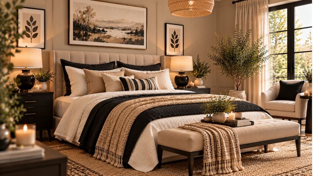 Sophisticated bedroom with warm beige walls, black bedside furniture, cream bedding and contrasting black textiles.