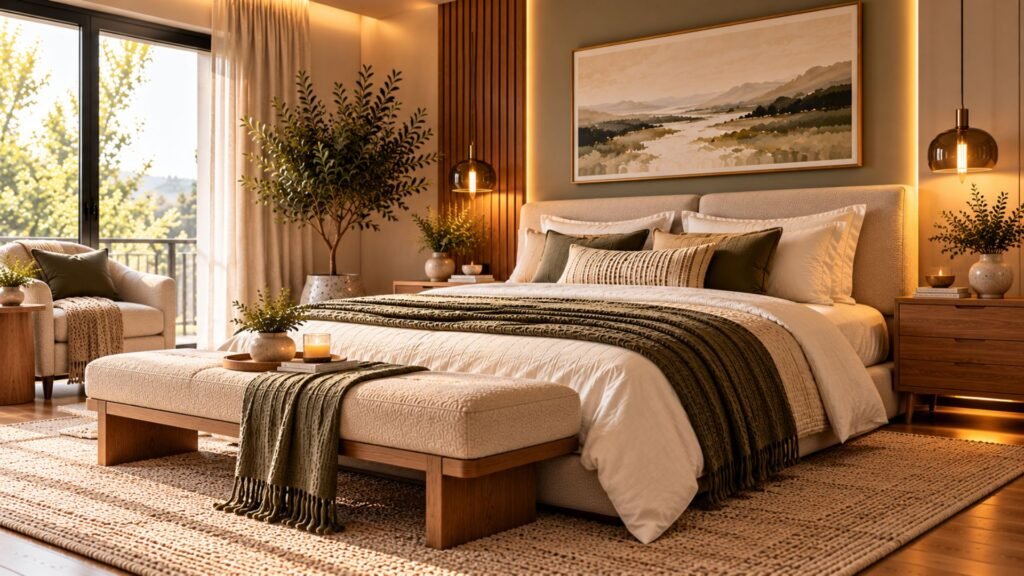Finished warm modern bedroom with natural wood, upholstered furniture, layered lighting and neutral textured textiles