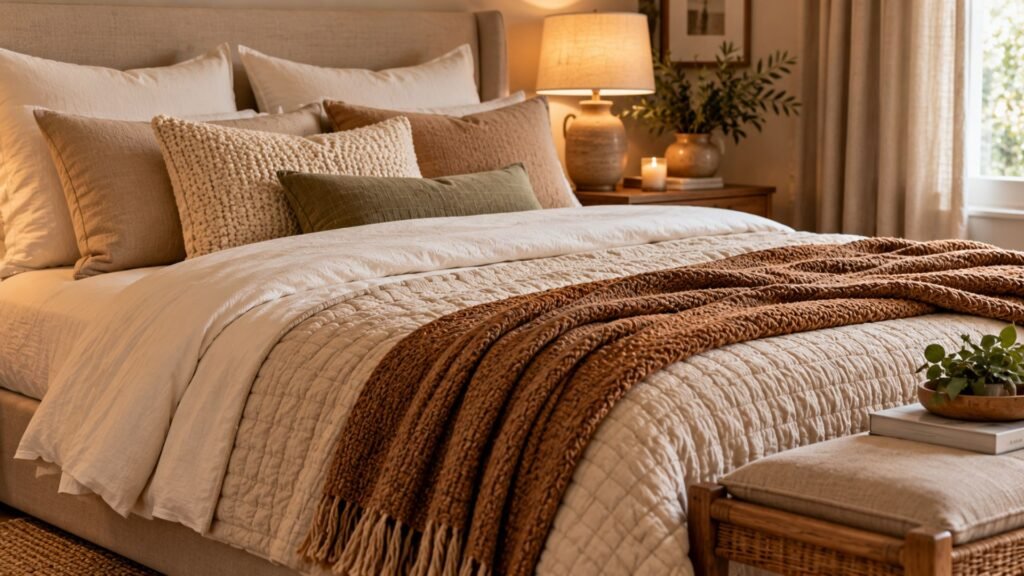 Cozy neutral bedroom with oatmeal upholstery, ivory bedding, walnut furniture and woven textures