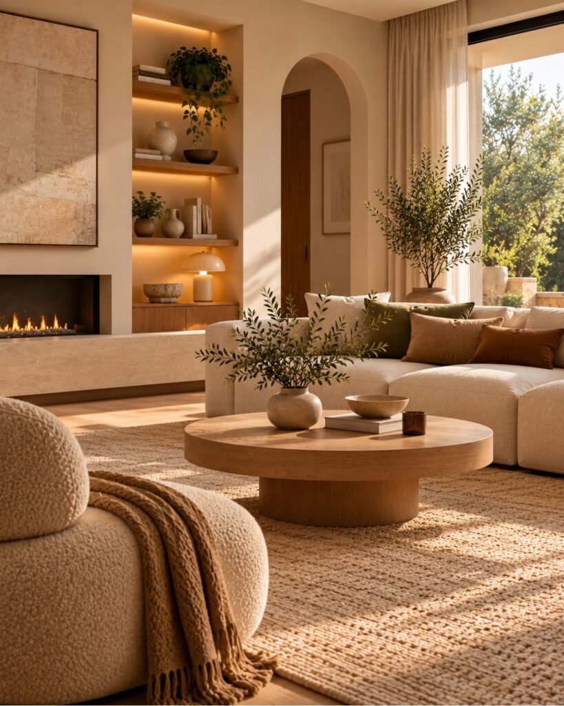 Warm neutral minimalist living room with oatmeal upholstery, taupe walls, a soft rug and restrained dark accents