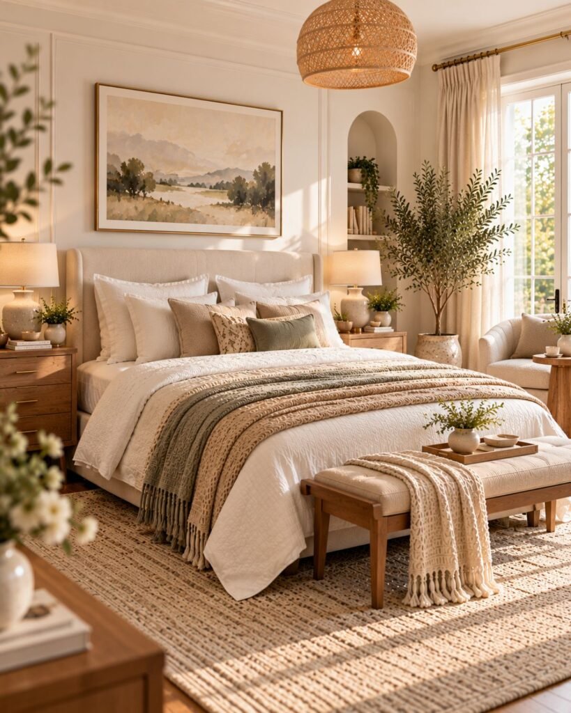 Warm white bedroom featuring layered natural linen, oatmeal upholstery, textured bedding and light wood furniture.